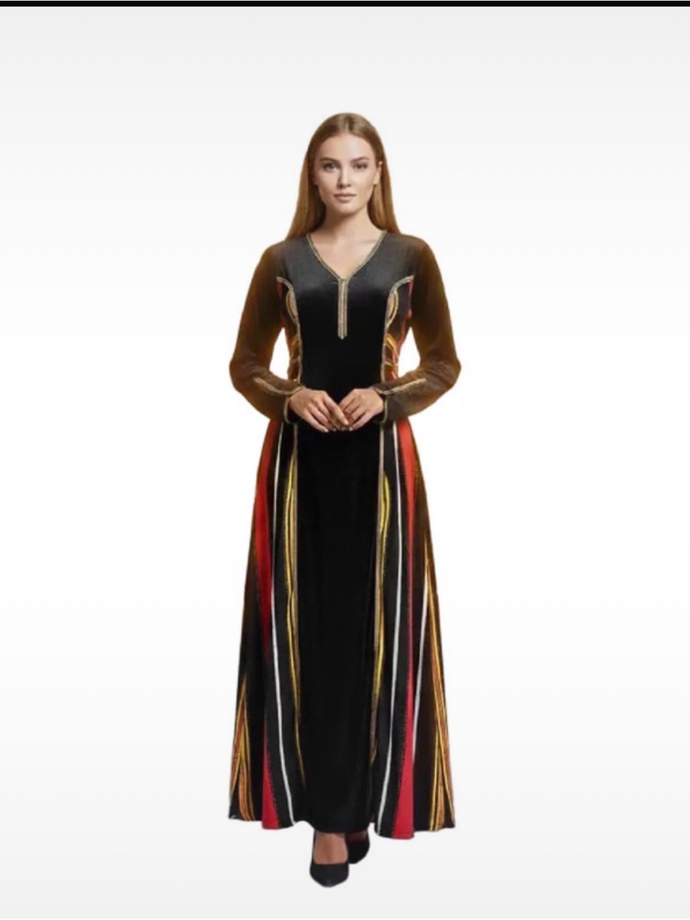 Classic Black Long Sleeve Maxi Dress with Multicolor Stripe Accents